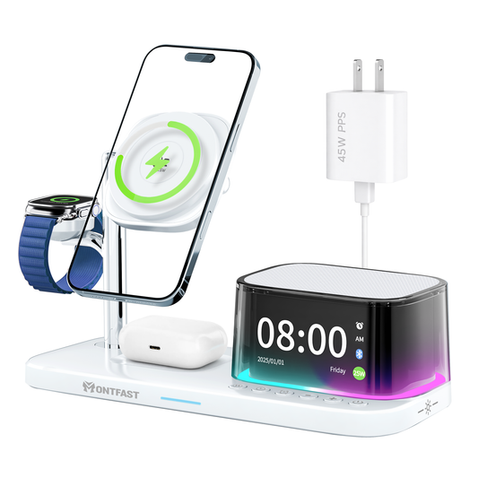 Montfast 5-in-1 Qi2 Magnetic Wireless Charging Station – 25W Fast Charge, Bluetooth Speaker, HD Clock & Night Light